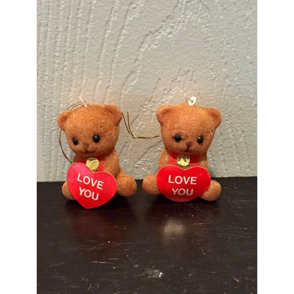 Set Of 2 Flocked Teddy Bear Hanging Christmas Ornaments With Red Love You Hearts - Picture 1 of 2